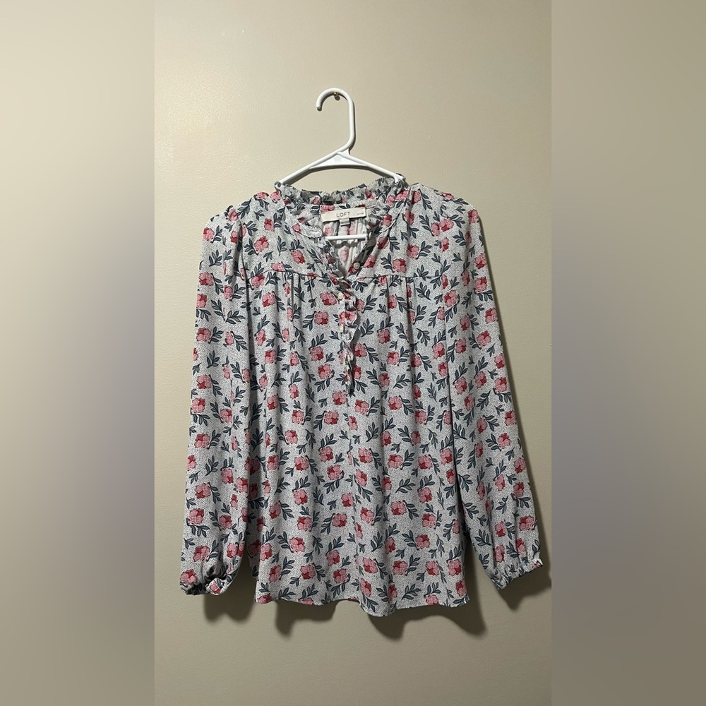 New Ann Taylor LOFT Pink White Floral Tipped Long Sleeve Crew Neck Sweater